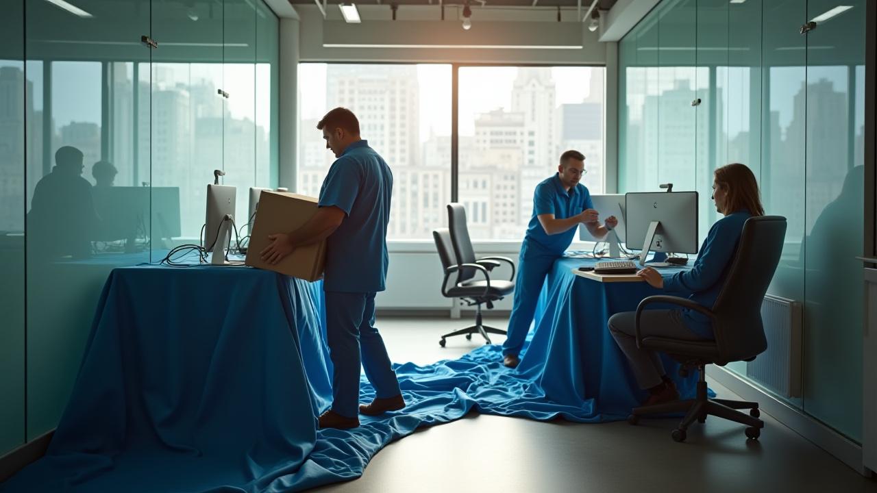 Professional office relocation in Brooklyn featuring modern office equipment safely packed