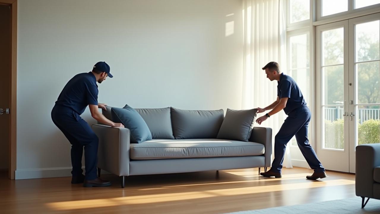 Professional movers carefully delivering a modern sofa to a Brooklyn home