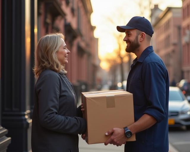 631 Delivery professional handing a parcel to a customer in Brooklyn